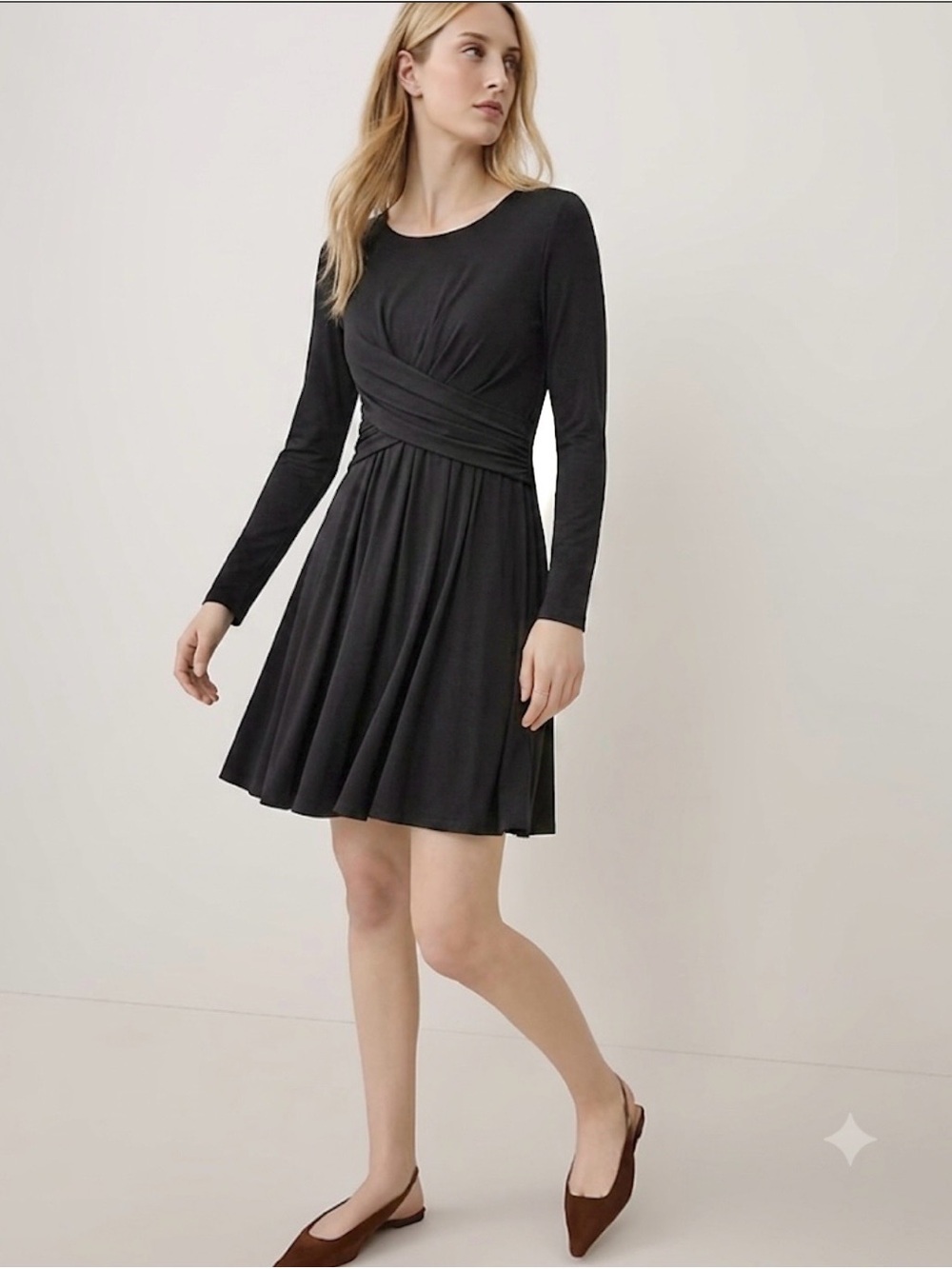 Of Mercer Black Criss Cross Waist Long Sleeve Jersey Knit Dress XS Quiet Luxury